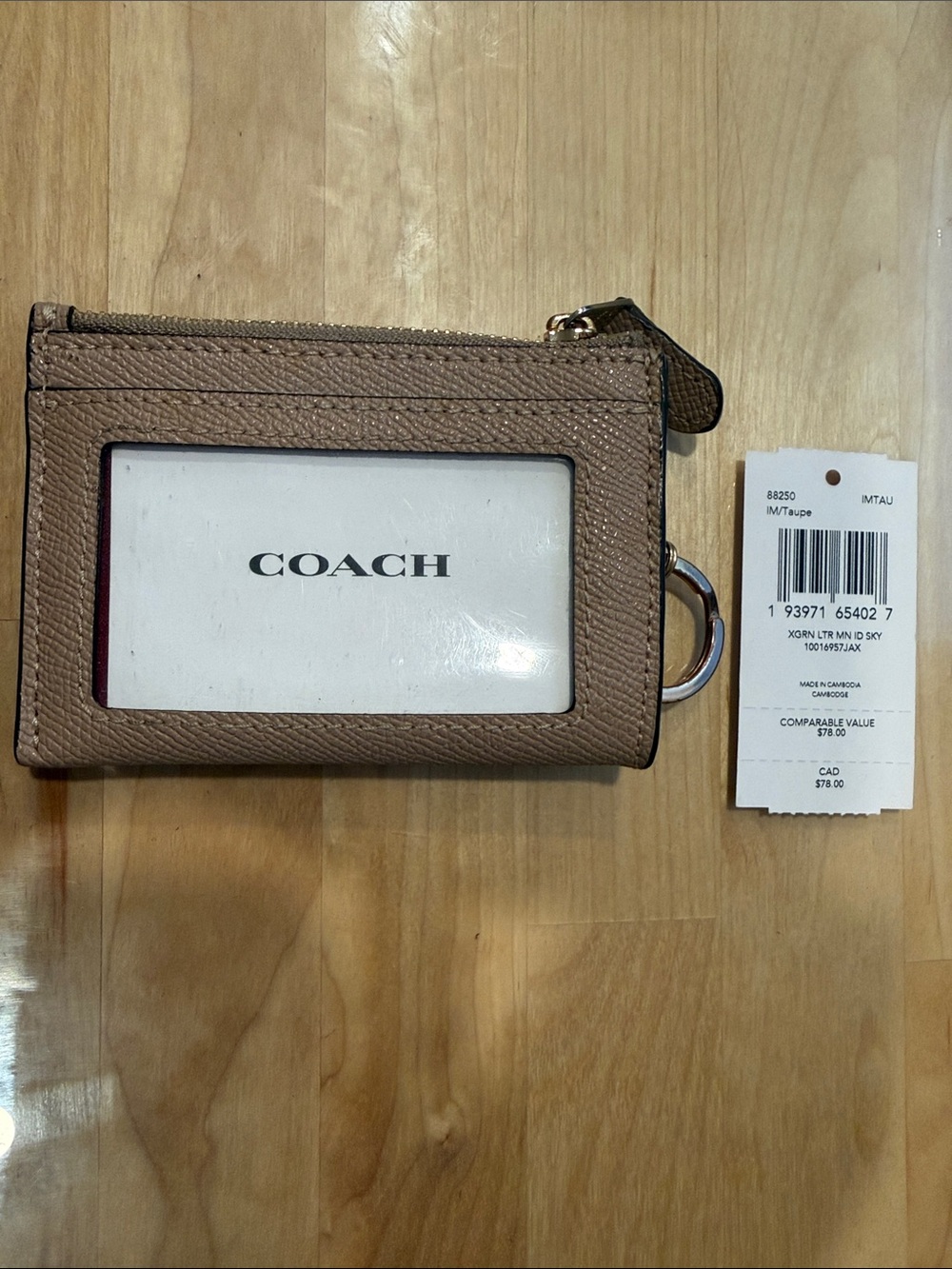Coach Taupe Leather ID Card Case with Key Ring